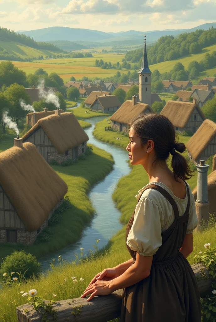 A simple woman living in a village is looking at her village.