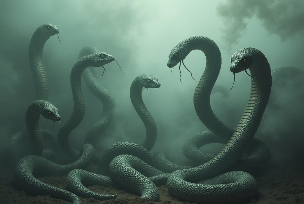 There are many snakes together with their arms and legs coming out and there is smoke all around.