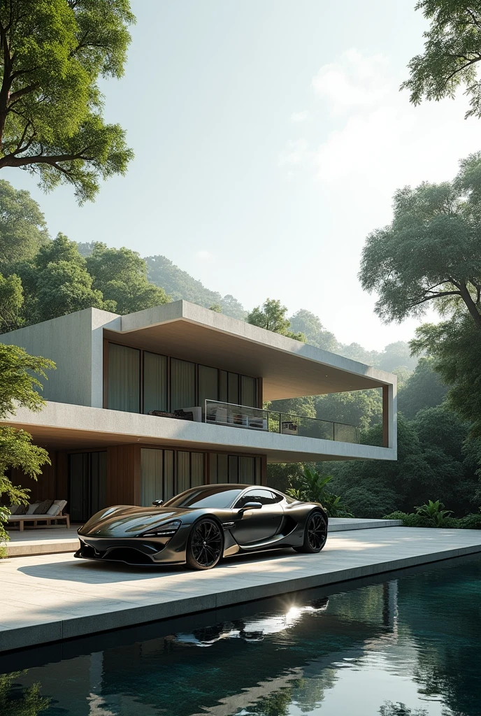  minimal villa in jungle , exterior view , a car is parked in front of a parametric villa, realestic architecture , concept house , 22 meters high , front view , high quality rendering , luxury architecture , relistic physical rendering , parametric house , reflective in pool , installation architecture ,