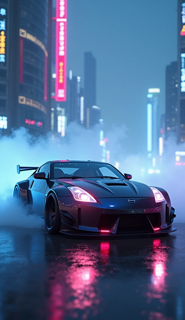 (Intricate details:1.2), (Realistic), (masterpiece), (photograph), Cinema Lighting,Cyberpunk City,fog,Cyberpunk Hypercar,Soft colors,Swirling colored smoke,Legend,Cityscape,space,Nissan 350z,Ground cars,car,No humans,scenery,alone,Car both focus, At night, Front Quarter, Liberty Walk Widebody, Widebody Information,gulf coast,Battle of Metropolitan Expressway,Tokyo,Metropolitan Expressway,Suso Furiel anime female paint, Sexy elf lingerie ears on the door, Itasha style,