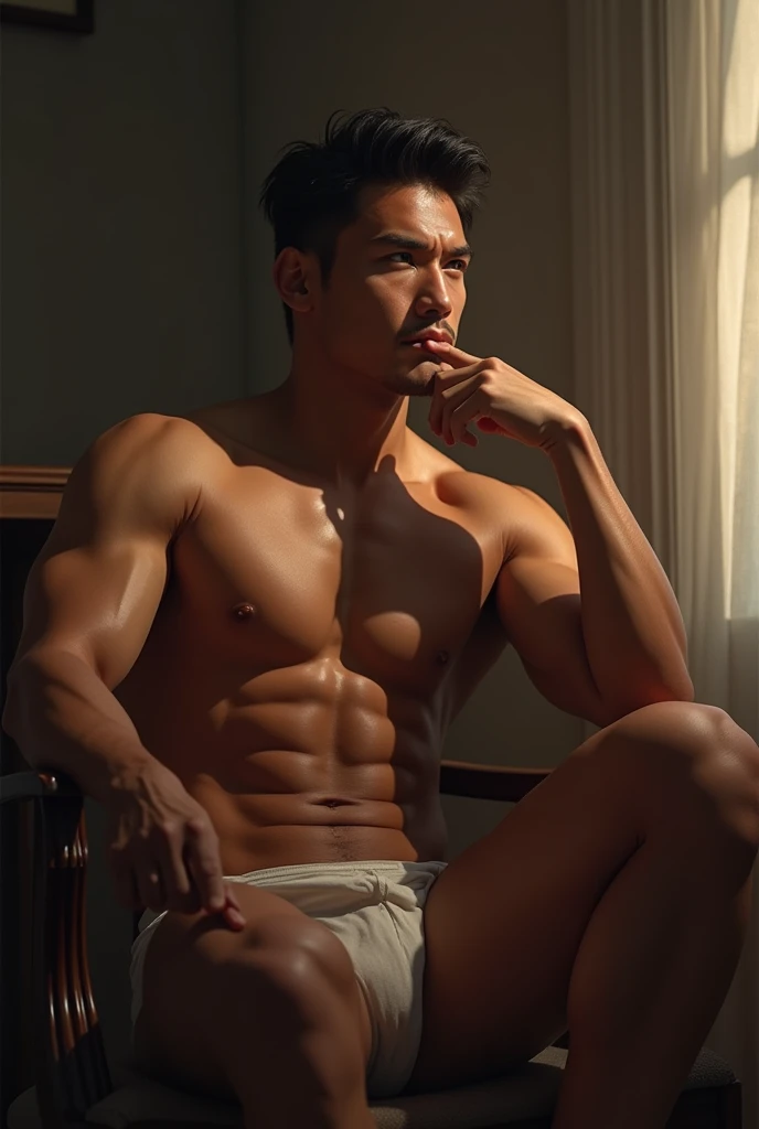 Realistic looking man sitting on a chair with his hand on his chin, handsome pose, portrait of handsome man, Handsome man in sexy room, The man's face is similar to Mr. Prabowo Subianto,not wearing cloth,six pack body,strong muscles,alone in the room, just wearing underwear
