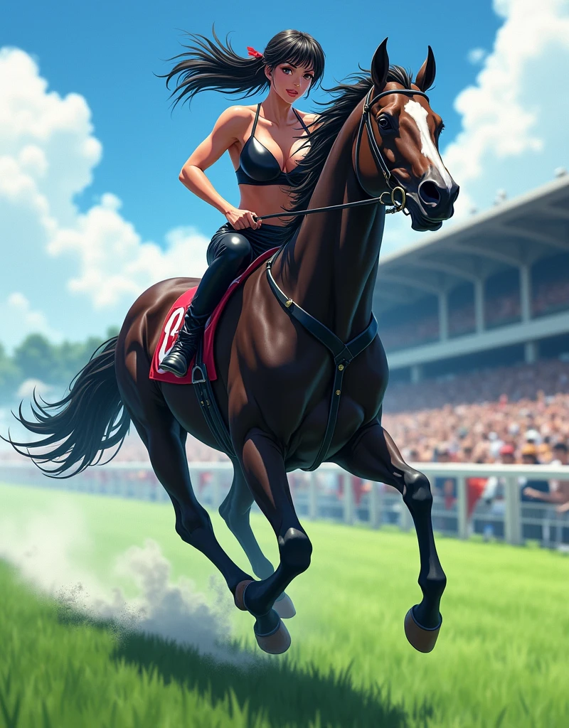 (Highest quality,Extremely detailed depiction,Incredibly absurd high resolution),Centaur Woman:1.5,The upper body is a human female,The lower body is a horse's body,Black latex,Large Breasts,Competing,Racecourseで走っている:1.3,background:Racecourse,High quality anime drawings
