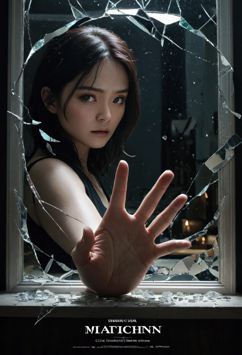 Moody、sentimental、meditation、Emotional、melancholy、dramatic、(Thriller movie poster):One hand shattered a magnificent mirror.、shattered glass、Fragments、lifelike、High Detail、Super lifelike、Photo-level lifelike、Extreme details、8k、high resolution、Best quality、masterpiece、chiaroscuro lighting、Dramatic shadows、Texture、Complex、accurate、Clear focus、Vivid colors、Wide dynamic range、HDR、3D Rendering、CGI、Studio Lighting、Physically Based Rendering