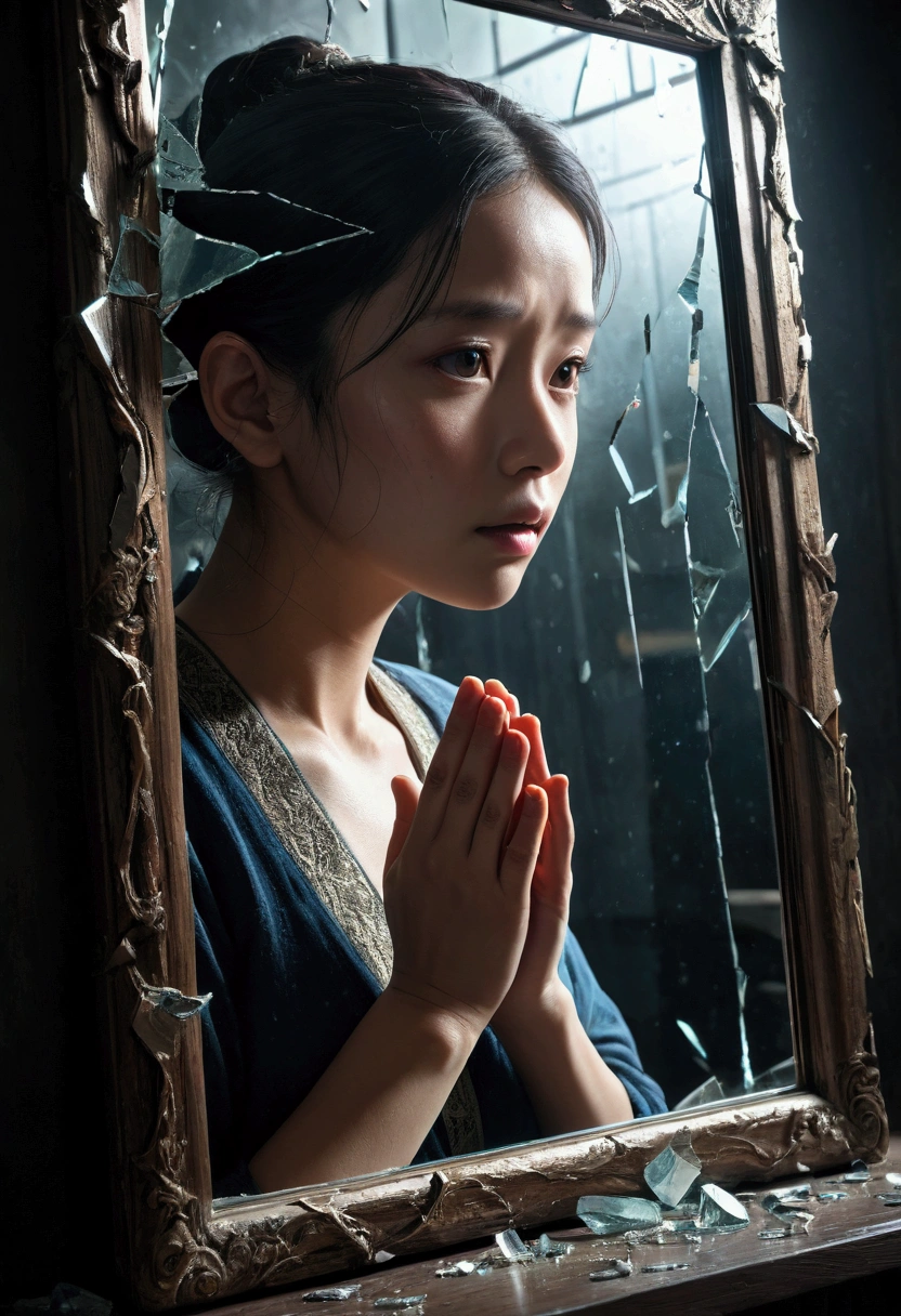 Moody、sentimental、meditation、Emotional、melancholy、dramatic、(Thriller movie poster)：One hand shattered a magnificent mirror.、shattered glass、Fragments、lifelike、High Detail、Super lifelike、Photo-level lifelike、Extreme details、8k、high resolution、Best quality、masterpiece、chiaroscuro lighting、Dramatic shadows、Texture、Complex、accurate、Clear focus、Vivid colors、Wide dynamic range、HDR、3D Rendering、CGI、Studio Lighting、Physically Based Rendering