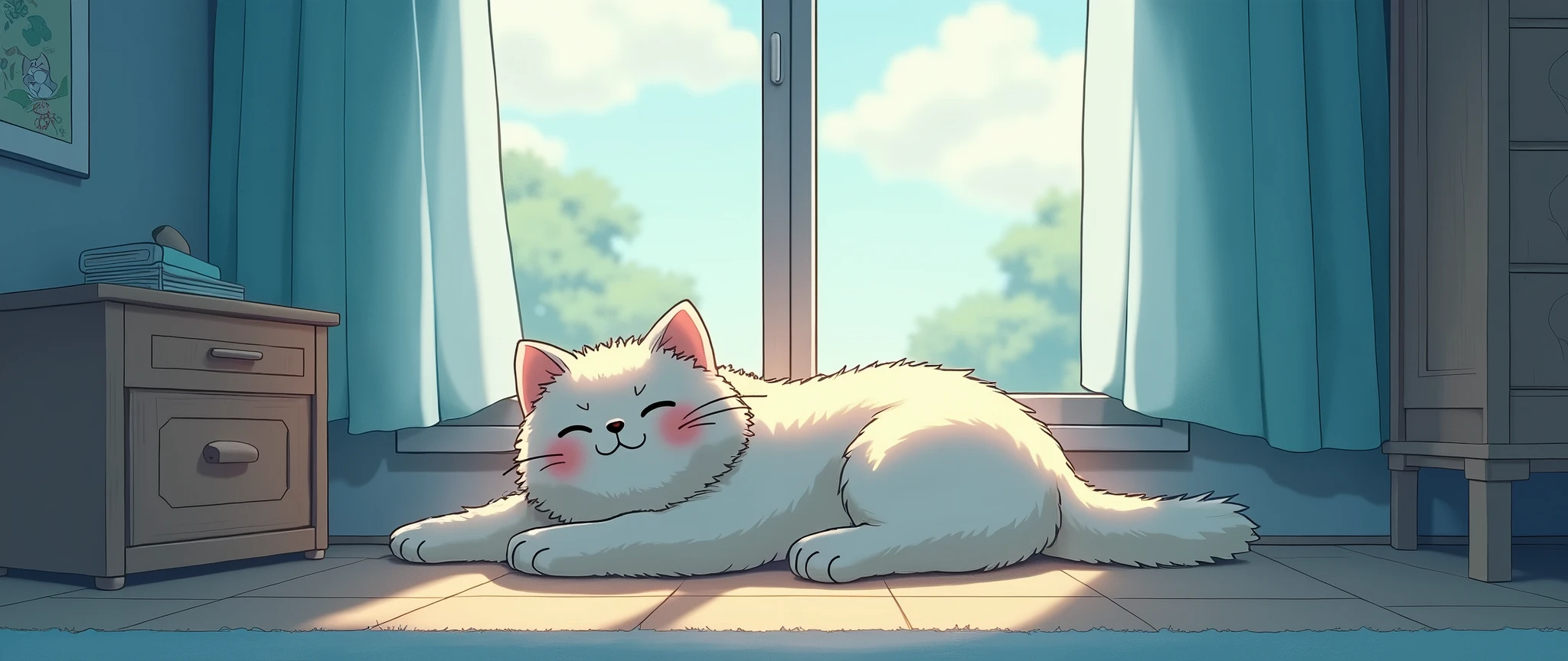 Cat, Cozy Anime,Lofi ,Cute ,Ultrawide ,Ghibli vibes ,Wide view,Blue Color Tones