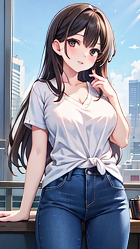 (masterpiece, Highest quality, Absurd, Game CG, figure, Very detailed), One girl, alone, (mayu kuroe), Beautiful attention to detail, Are standing, city, V-neck T-shirt, jeans,Large Breasts