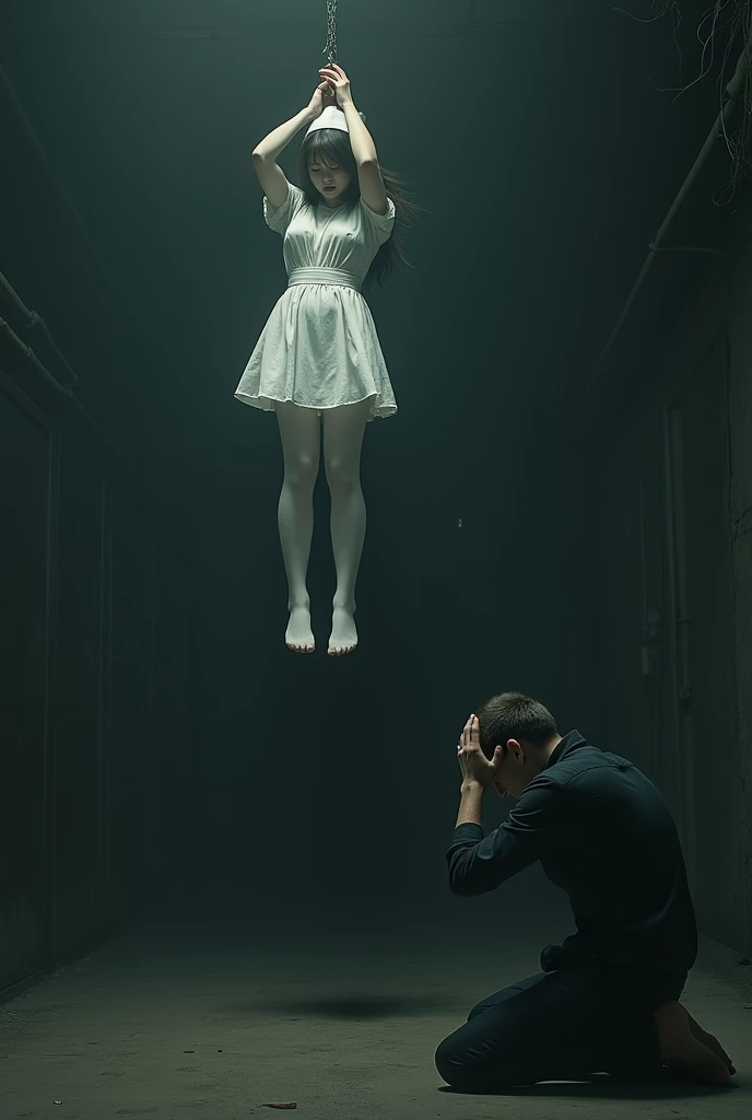 Scene of white thigh high stocking nurse hanging herself to death ,hovering in the air , a man sitting on the ground in panic