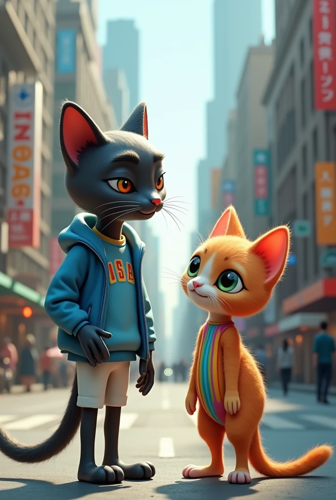 To be continued best quality,8k, masterpiece,sharap focus human face and figure Applying human body figure face expression to the situation
Image 1**: A thin black cat and a small, cute rainbow-colored lady cat, both with human-like bodies, standing in a busy city street. The black cat is wearing a blue jacket and white pants, and the lady cat is in a colorful one-piece dress. Both are admiring the tall buildings and bustling surroundings