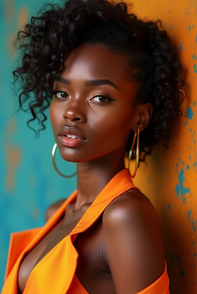 A 20-year-old female model, ethiopian princess, colorful creative makeup, high fashion, elegant pose, fashion model, Vogue magazine style, glamorous look, runway model, beautiful detailed eyes, flawless skin, striking makeup, elegant pose, high-end fashion, stylish appearance, artistic background, professional lighting, ultra-detailed, photorealistic, vivid colors, high resolution, portrait, glamorous, editorial fashion, ultra-fine painting, studio lighting, chic style, confident expression, trendy outfit, vibrant colors, stylish hair, fashion photography