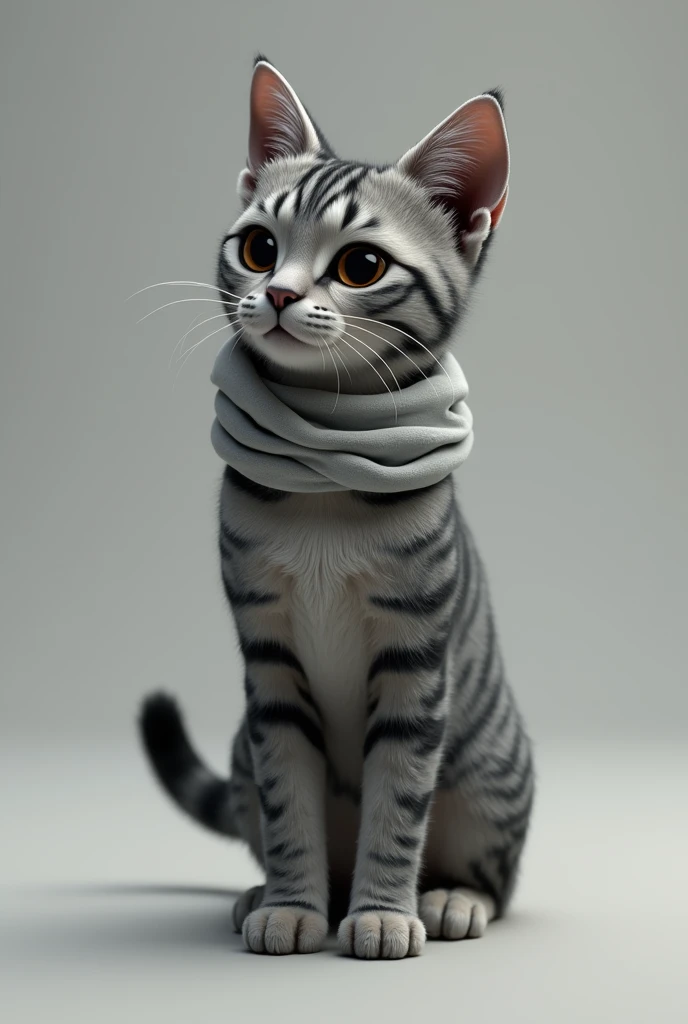 3D Rendering、Real、Realistic、Gray female cat with black and white stripes standing、Use of neck warmers Standing upright like a human、Staring ahead