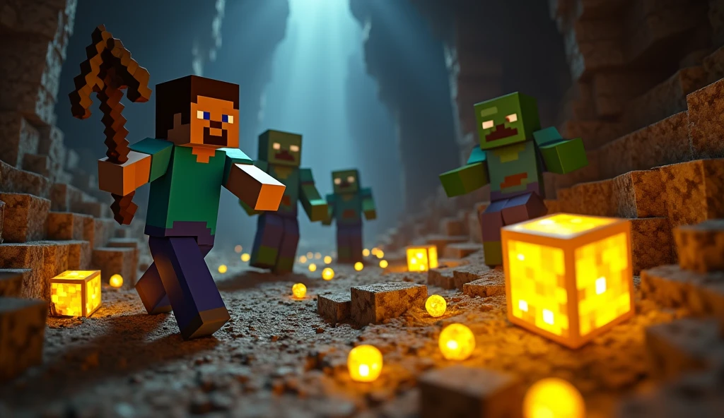Youtube Thumbnail
"A vibrant Minecraft-themed scene featuring a Minecraft character mining in a dark, atmospheric cave. The character is in an action pose, holding a pickaxe, with glowing blocks of gold and iron visible around them. In the background, menacing Minecraft mobs, including zombies, are approaching, creating a sense of danger and adventure. The lighting should emphasize the glowing ores and the threatening shadows of the mobs. The overall mood is adventurous with high contrast between the bright ores and the dark cave environment."