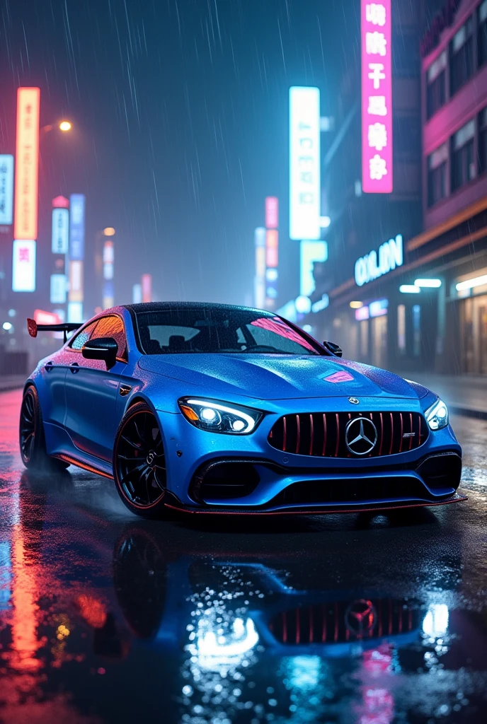 Mercdes c63 in rain cuberpunk neon blue color