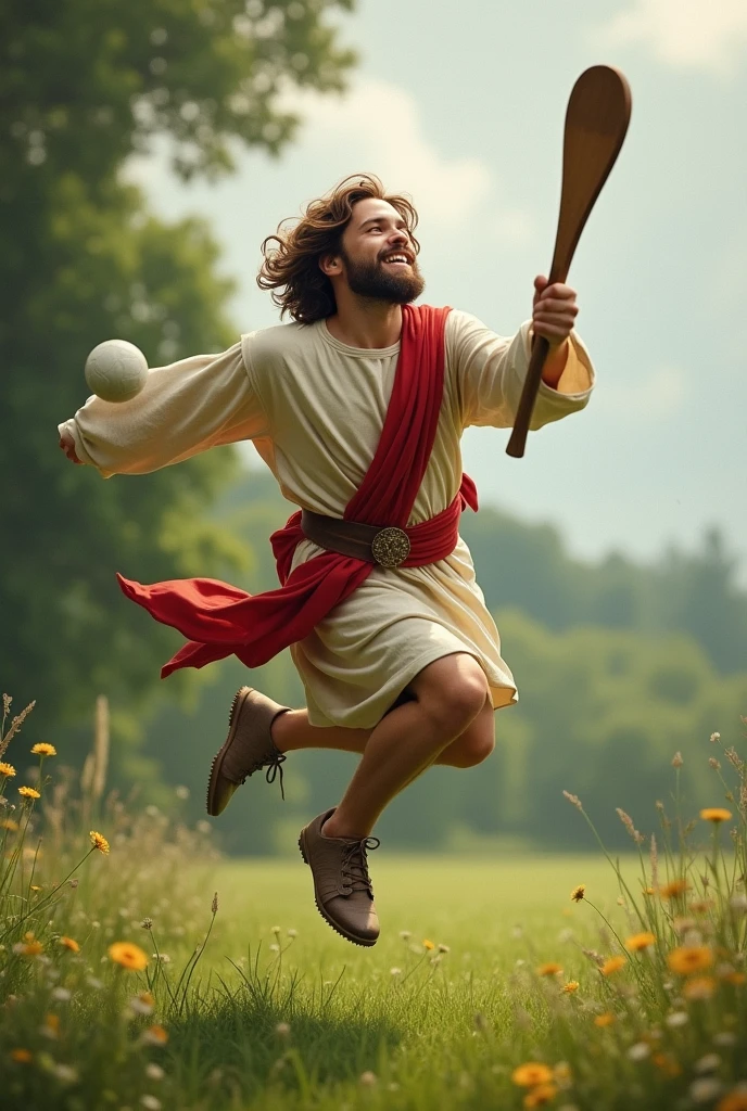 Young Jesus without beard playing hurling, jumping to catch small ball, with hurley in hand.
