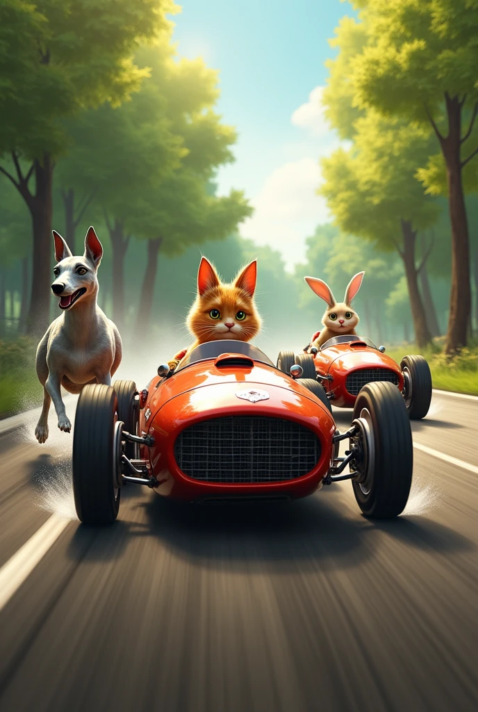 An intense early car race scene with the greyhound in the lead, the rabbit close behind, and Rusty the orange cat holding car a strategic position in the middle. The cars are racing on a winding track surrounded by lush green trees, with a focused look on Rusty’s face.