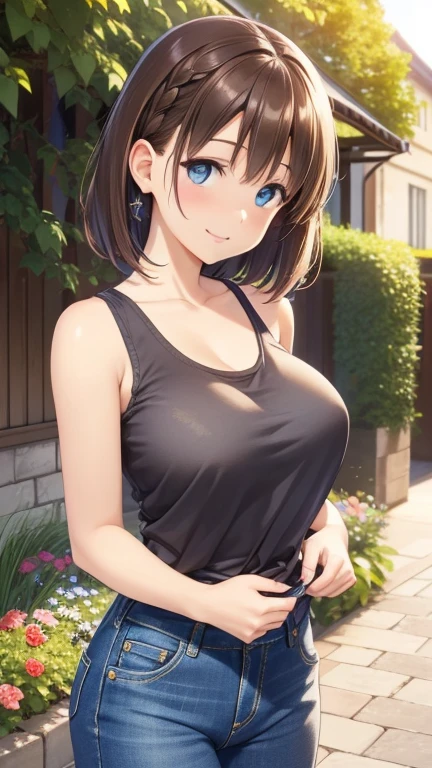 aichan, blue eyes, brown hair, short hair, side braid, hairclip, large breasts, (masterpiece:1.2), best quality, high resolution, unity 8k wallpaper, illustration, beautiful detailed eyes, extremely detailed face, perfect lighting, extremely detailed CG, make up, glossy lips, light smile, tank top, jeans, city, garden