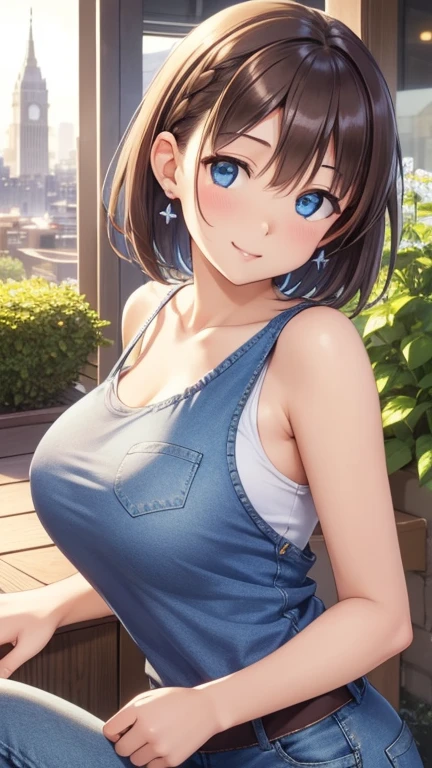 aichan, blue eyes, brown hair, short hair, side braid, hairclip, large breasts, (masterpiece:1.2), best quality, high resolution, unity 8k wallpaper, illustration, beautiful detailed eyes, extremely detailed face, perfect lighting, extremely detailed CG, make up, glossy lips, light smile, tank top, jeans, city, garden