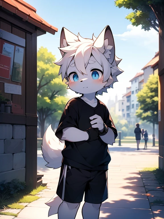 (best quality, Extremely detailed),Extremely strong sexual desire,juvenile,Furry wolf,((Big blue eyes,Watery)),((Shota)), ((Black and white hair)), Good figure, Handsome,cute, Light:极致Light影, 反Light皮肤,Reddish skin,The ultimate face,Sideways,Greeting the audience shyly,((Worn black clothes,Commoner),Black sports shorts with white trim,White socks),(Black sneakers,The left hand wears the watch) ,((Deep in the city park,Cobblestone Road,Next to the pool,Alone)),Outdoor sunset,((detail)),(Depth of Field),stand up,Height 1.7m,Panorama