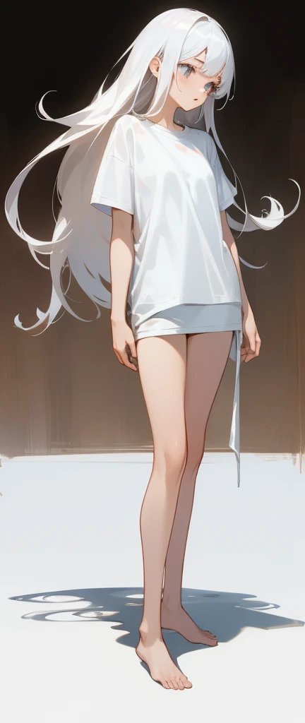 ((4k,masterpiece,best quality)), 
1 girl, solo, white hair, long hair, white, white t-shirt tshirt, white background, ｓｔａｎｄｉｎｇ,standing, full body, full body, only wearing a t-shirt、Wearing only t-shirt, barefoot、Wearing only t-shirt, barefoot、Wearing only t-shirt, barefoot, simple background