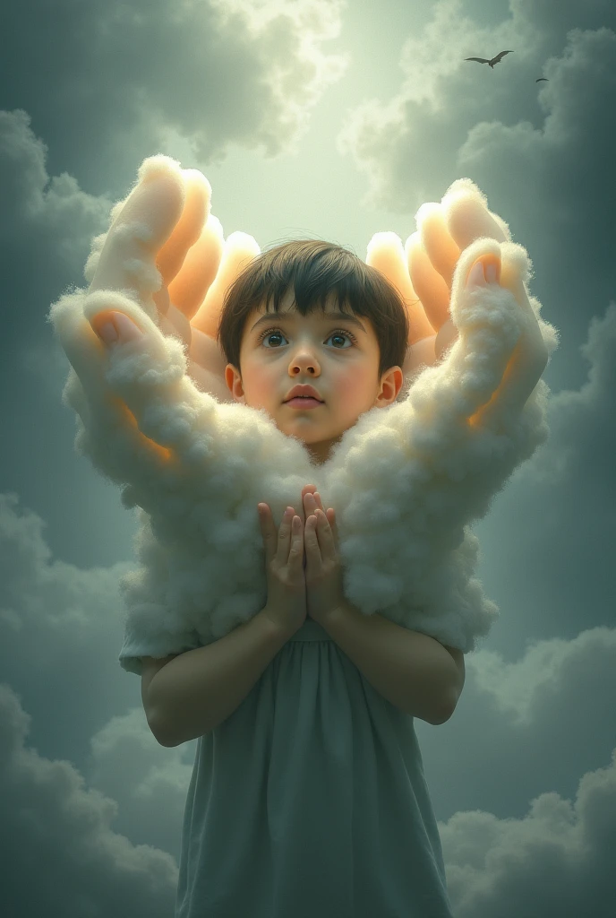 clouds hand protect boy during hard time