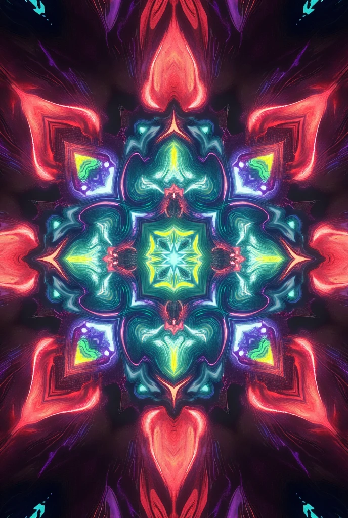 A kaleidoscope of vision with complex geometric patterns created by the intersection of light and color. The vibrant colors move and the symmetrical patterns continue to rotate. The mixture of red, blue, green, and purple creates a jewel-like texture and glass-like transparency. The abstract art style depicts a dreamlike, kaleidoscope vision.