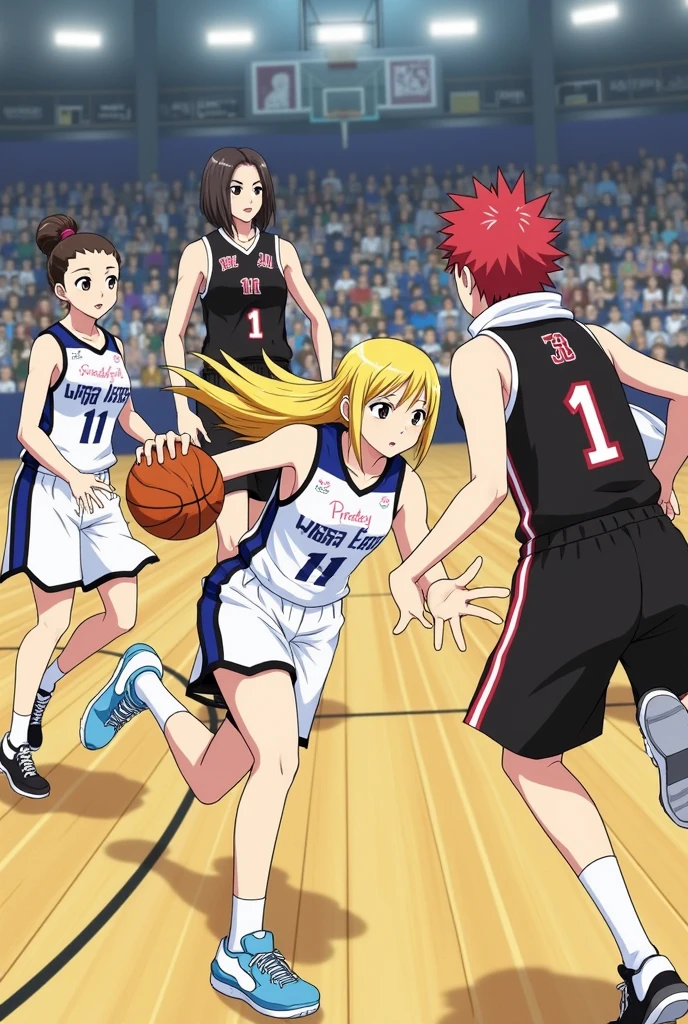 Fairy Tail organizes a 3x3 basketball game.
Here are the teams: CLV and FTM.
CLV team members: Erza Scarlett, Lucy Heartfilia, Kanna Alperona and Levy McGarden.
FTM team members: Wendy Marvel, Juvia Lockser, Mirajane Strauss and Lisana Strauss.
CLV team members wear white jerseys:
Erza Scarlett: White CLV jersey #2 white, red basketball shoes. Long scarlet hair and brown eyes. She is of average height.
Lucy Heartfilia: CLV jersey no. 7 white, black basketball shoes. Long blond hair and brown eyes. She is short.
Kanna Alperona: White CLV jersey no. 4 white, orange basketball shoes. Long dark-brown hair and brown eyes. She's the tallest in the tournament.
Levy McGarden: CLV jersey n°6 white purple basketball shoes. Mid-length blue hair tied back with an orange headband and brown eyes. She is short.
FTM team members wear black jerseys:
Wendy Marvel: FTM jersey no. 11 black, black, red and white basketball shoes. Long dark blue-purple hair and brown eyes. She's the shortest in the tournament.
Juvia Lockser: FTM jersey no. 8 black, purple basketball shoes. Long sky-blue hair and blue eyes. She is of average height.
Mirajane Strauss: FTM jersey no. 10 black, yellow basketball shoes. Long white hair and blue eyes. She is tall.
Lisana Strauss: FTM jersey n°00 black, white basketball shoes. Short white hair and blue eyes. She is short.
The tournament takes place in a gymnasium. They play a real 3x3 game. The ball is in the hands of Lucy Heartfilia.
Lucy Heartfilia dribbles towards the basket, Wendy Marvel defend with a defense position on her.