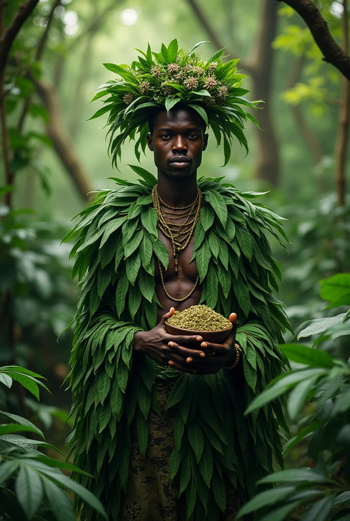 African entity orisha of the leaves man of African ethnicity, hairless and with a young and peaceful face, No meio da floresta, clothes made from leaves, tea and herbal healer
