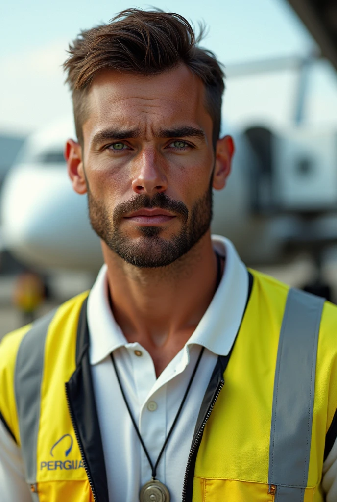 (Photorealism:1.2), beautiful tanned man, Brazilian, aux yeux verts, brown with a little beard, en polo blanc et un gilet jaune haute visibilité, a badge around the neck with an airbus in the background