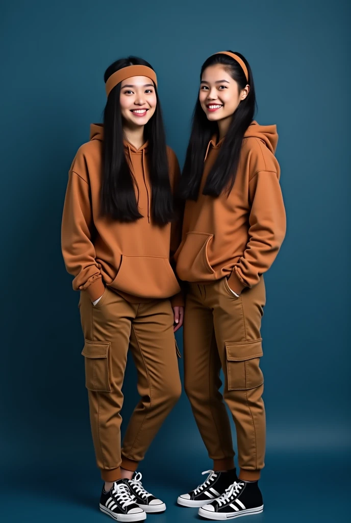Create a two full body beautiful Thai women smiling wearing a brown hoodie and brown cargo pants with brown headband and black beautiful adidas shoes, black long straight hair posting a dark blue background, looking at the camera. Photography 