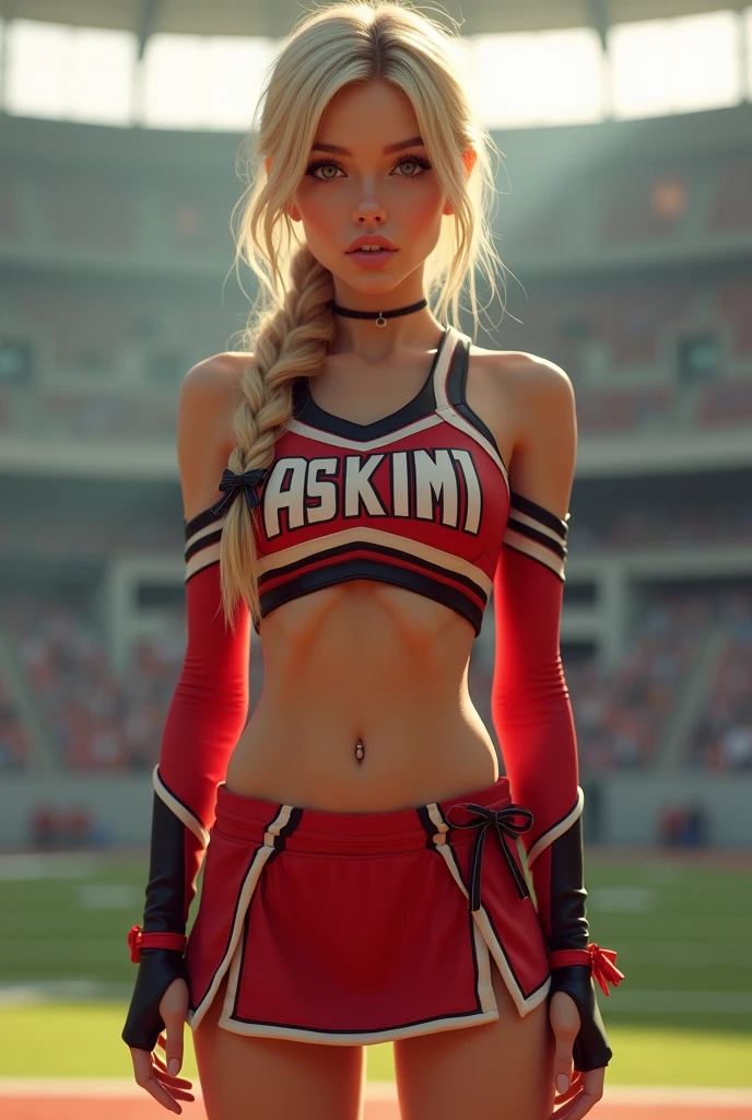 1 very young looking skinny girl in shot posing , very slim tight skinny super model bod, 16y,ng braided ponytail blond, in a high school stadium, wearing a sexy escort high school satin cheerleader uniform bare shoulders with sleeves with cheerleader miniskirt with bows, very toned abs with navel piercing, 16y fa, big silicone tits and bare cleavage, flirting