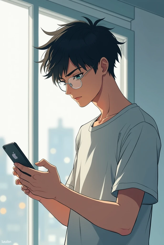 A man looking at his cell phone in anime drawing