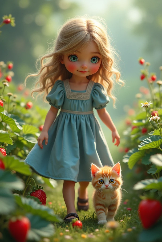 A girl with blue eyes in blue flock playing in strawberry garden and she found a little white kitten with golden eyes in the strawberry garden ai image