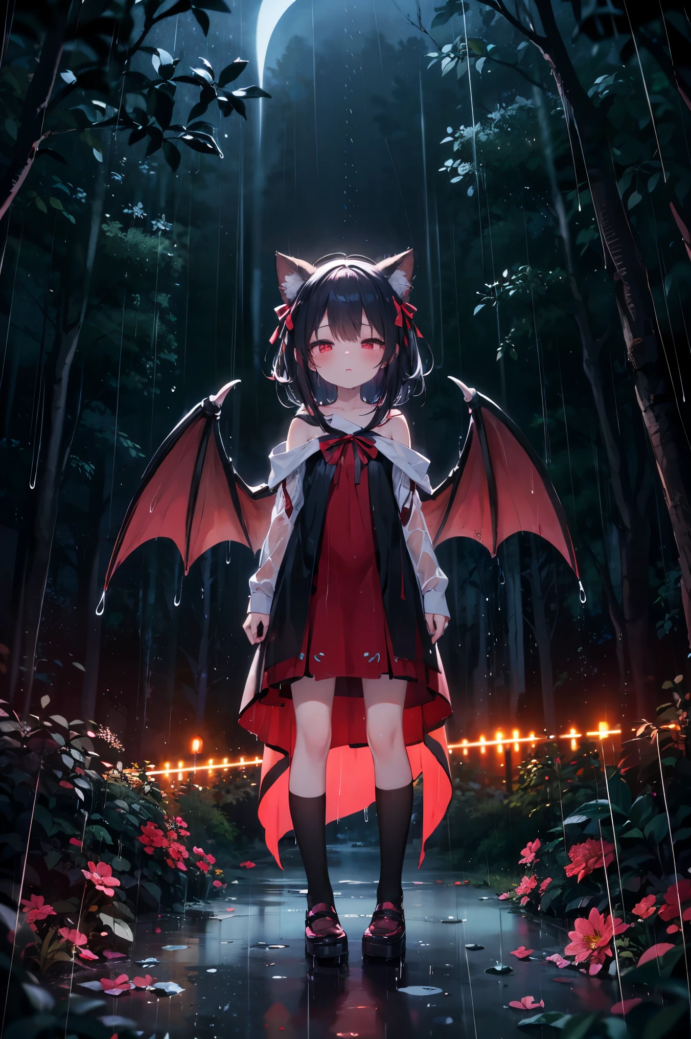 uhd, 4k, textured skin, High details, ​High Details face, masterpiece, best quality, (Amazingly absurd:1.2), (​masterpiece:1.2), 1 little small girl, dragon ears, dragon wings, Long dress, standing, dynamische pose:1.5, half-closed eyes, glowing red eyes, very long black hair, shiny hair , fullbody, two colored hair, hair ribbon, black knee socks, Kawaiitech, soft colours, Kawaii, Beautiful colors, (Rain:1.5), (Night:2), (forest:1.5),