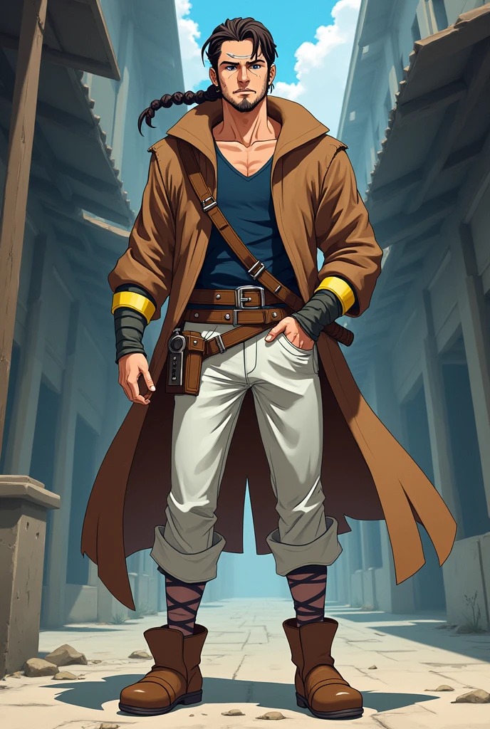 Stunk is a fair-skinned man with dark brown hair kept in a braid. He also has a horizontal scar on his right cheek, and stubble on his face.
He's commonly seen wearing a slightly torn brown cloak, white pants, a navy blue shirt with a yellow stripe, as well as wraps around his lower legs with brown shoes. He carries his sword on his left side with a scabbard. He is often seen with a cigarette in his mouth.
When transformed into Mestunk, aside from his body changing to that of a woman, his facial feature become more delicate and his facial hair disappears. Do it anime style