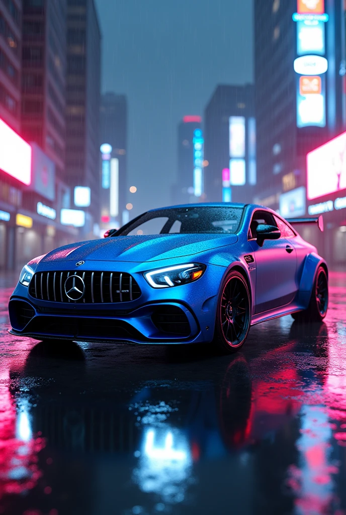 Mercdes c63 2013 in rain cuberpunk neon blue color