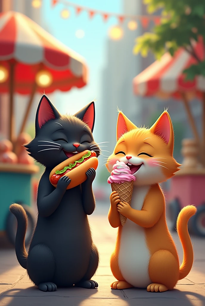 To be continued best quality,8k, masterpiece,sharap focus human face and figure Applying human body figure face expression to the situation
Image 3**: Both cats are standing by a street food cart, each holding a delicious-looking snack. The black cat is enjoying a hot dog, while the rainbow-colored cat is happily eating an ice cream cone, with a bit of ice cream on her nose, looking cute.