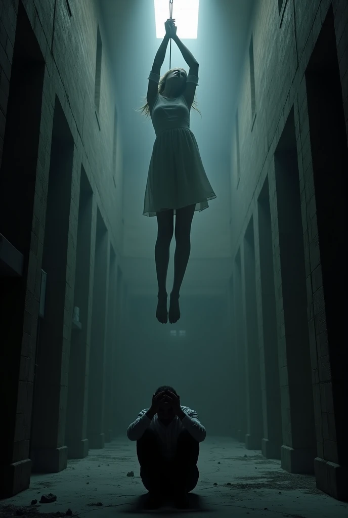 Scene of white thigh high stocking nurse hanging herself to death ,hovering in the air , a man sitting on the ground in panic