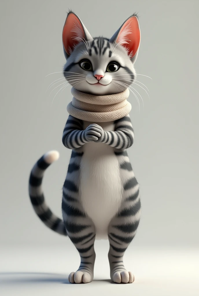 3D Rendering、Real、Realistic、Dancing grey she-cat with black and white stripes、Use of neck warmers Standing upright like a human、Staring ahead