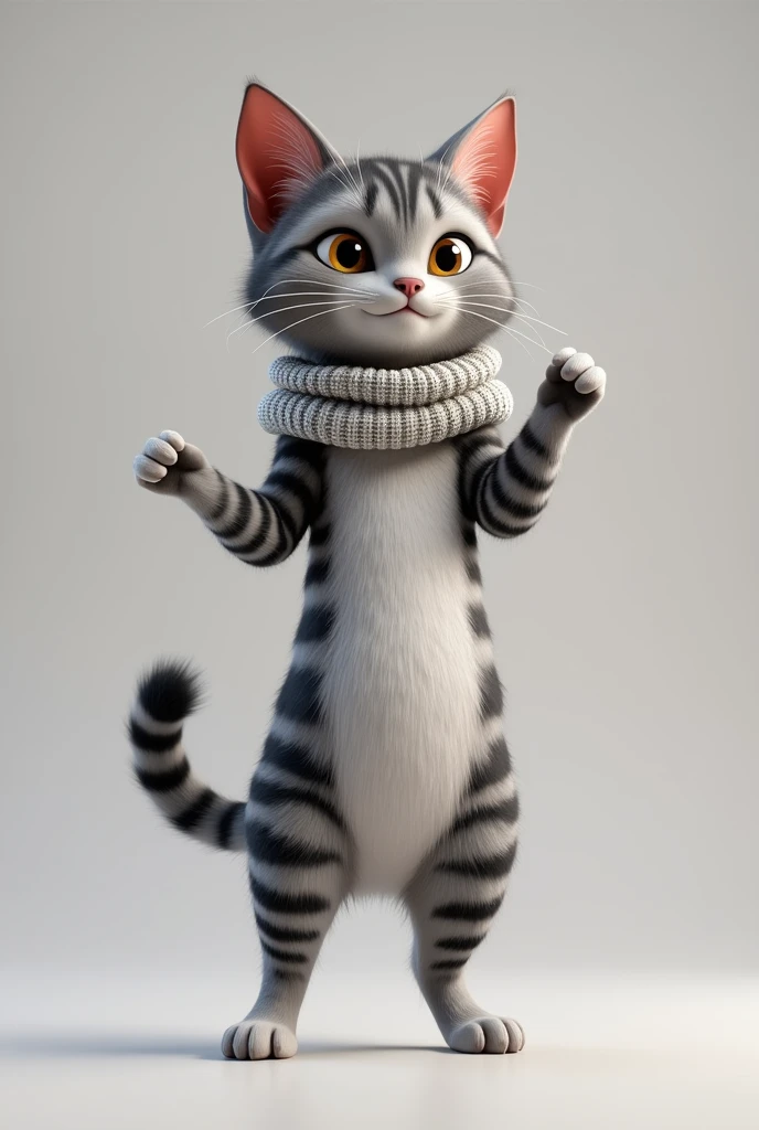 3D Rendering、Real、Realistic、Dancing grey she-cat with black and white stripes、Use of neck warmers Standing upright like a human、Staring ahead