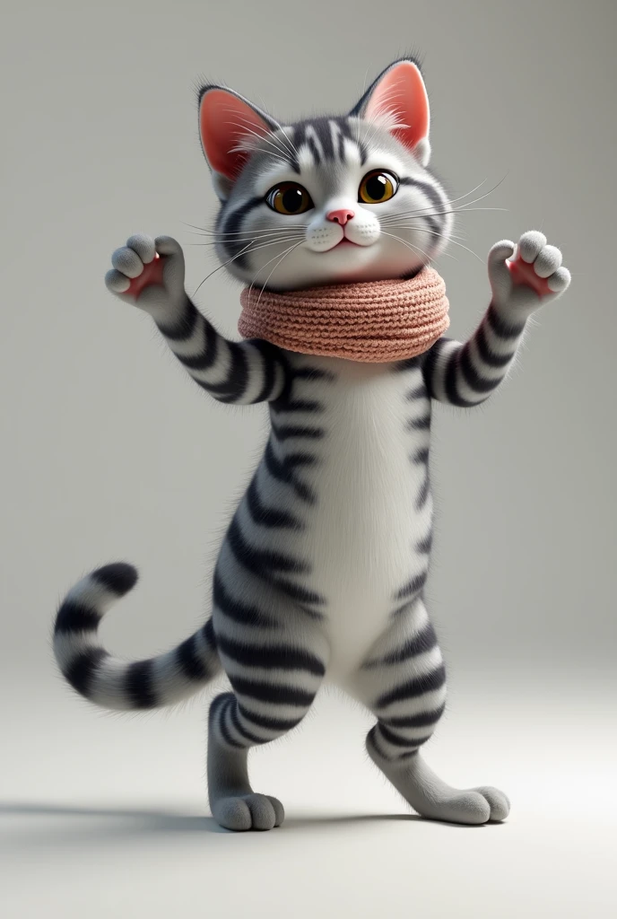 3D Rendering、Real、Realistic、Dancing grey she-cat with black and white stripes、Use of neck warmers Standing upright like a human、Staring ahead