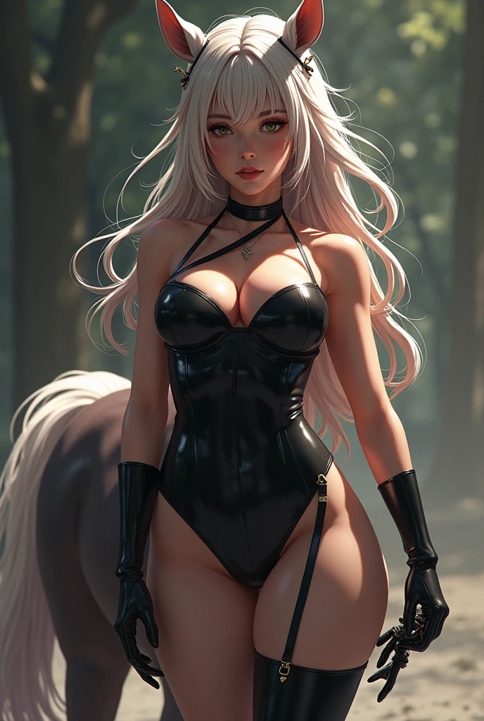 (Highest quality,Extremely detailed depiction,Incredibly absurd high resolution,Anatomically accurate depiction),Centaur Woman:1.5,The upper body is a human female,The lower body is a horse's body,Black latex,Large Breasts,Competing,High quality anime drawings