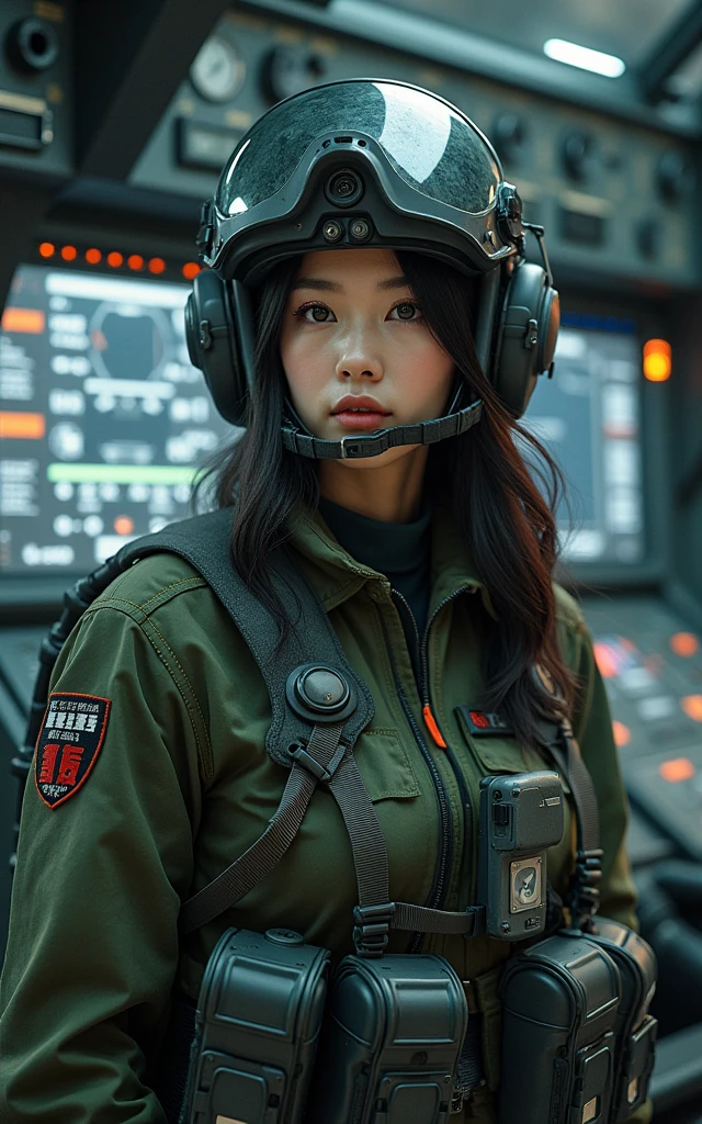 Photo-real, Ultra-realistic, (1 Korean female pilot，Super beautiful face, Super white face), (fully armed), (Wearing Army paratrooper camouflage uniform，Wearing a military helmet:1.5), Large breasts（Close-up of a complex aircraft control panel with buttons and devices），Science Fiction，high tech，advanced，Special Forces，Spectacular, Helicopter Fighter （full-body shot，panoramic，Wide-angle lens）