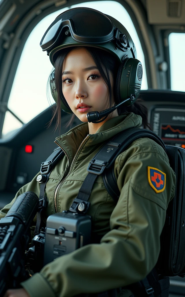 Photo-real, Ultra-realistic, (1 Korean female pilot,Super beautiful face, Super white face), (fully armed), (Wearing Army paratrooper camouflage uniform,Wearing a military helmet:1.5), Large breasts(Close-up of a complex aircraft control panel with buttons and devices),Science Fiction,high tech,advanced,Special Forces,Spectacular, Helicopter Fighter (full-body shot,panoramic,Wide-angle lens)