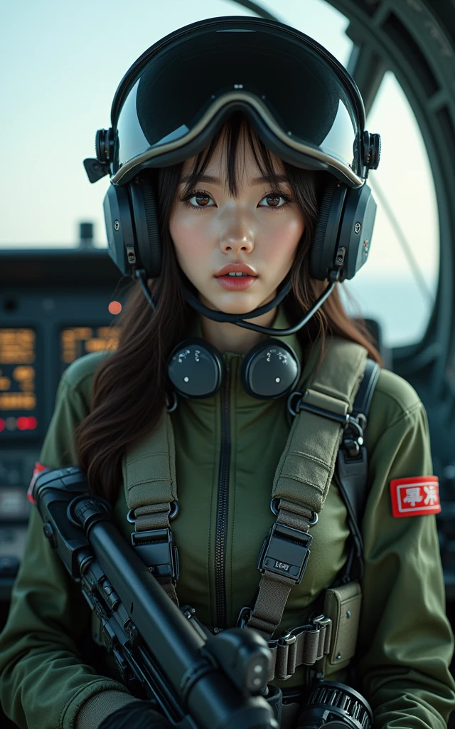 Photo-real, Ultra-realistic, (1 Korean female pilot,Super beautiful face, Super white face), (fully armed), (Wearing Army paratrooper camouflage uniform,Wearing a military helmet:1.5), Large breasts(Close-up of a complex aircraft control panel with buttons and devices),Science Fiction,high tech,advanced,Special Forces,Spectacular, Helicopter Fighter (full-body shot,panoramic,Wide-angle lens)