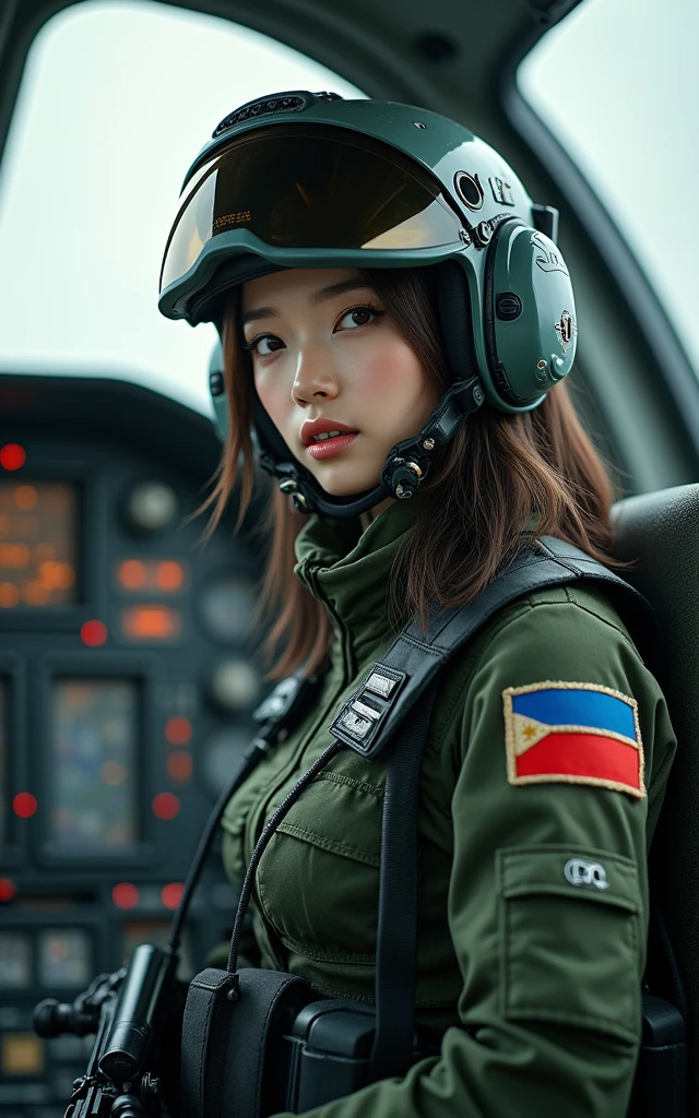 Photo-real, Ultra-realistic, (1 Korean female pilot，Super beautiful face, Super white face), (fully armed), (Wearing Army paratrooper camouflage uniform，Wearing a military helmet:1.5), Large breasts（Close-up of a complex aircraft control panel with buttons and devices），Science Fiction，high tech，advanced，Special Forces，Spectacular, Helicopter Fighter （full-body shot，panoramic，Wide-angle lens）