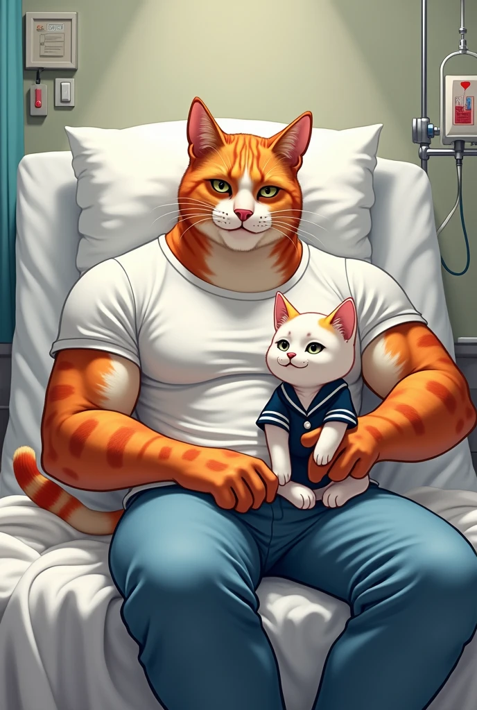 hospital bed me ek hath me drip chad rhi ek handsome muscular rainbow cat jisne white t-shirts and blue jeans pehni h leta h or kamar tak White chadar odi h or uski god me ek white kitten jisne school dress pehni h bethi h or muscular rainbow cat k lag rhi h seen ek hospital ka h jha muscular rainbow cat hospital bed me leta h muscura rha h