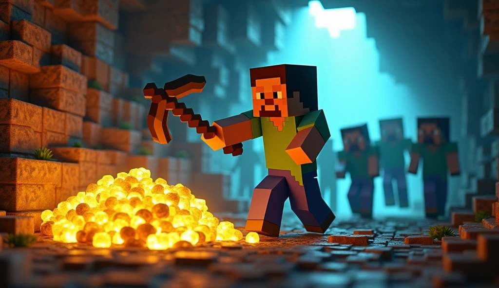 Youtube Thumbnail
"A vibrant Minecraft-themed scene featuring a Minecraft character mining in a dark, atmospheric cave. The character is in an action pose, holding a pickaxe, with glowing gold and iron visible around them. In the background, menacing Minecraft mobs, including zombies, are approaching, creating a sense of danger and adventure. The lighting should emphasize the glowing ores and the threatening shadows of the mobs. The overall mood is adventurous with high contrast between the bright ores and the dark cave environment."