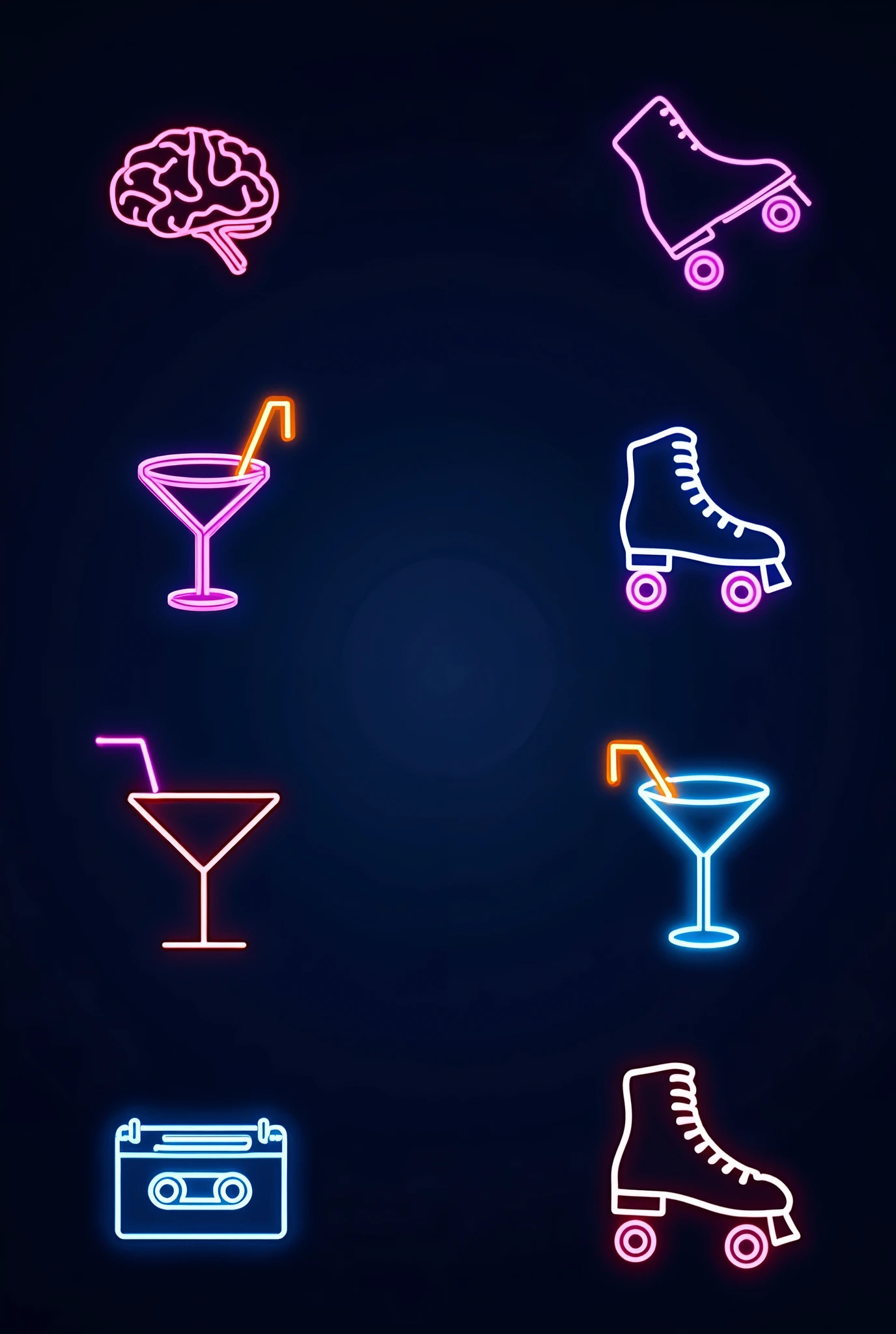 Create a dark navy-blue background featuring neon colors—yellow, blue, and pink. Include minimalist neon-style icons such as brains, cassette tapes, roller skates, and cocktail glasses. Ensure all icons are simple and glowing, giving off a retro, 80s-90s vibe. The overall design should be clean and minimalistic, with the icons scattered across the background, creating a vibrant, party-ready atmosphere