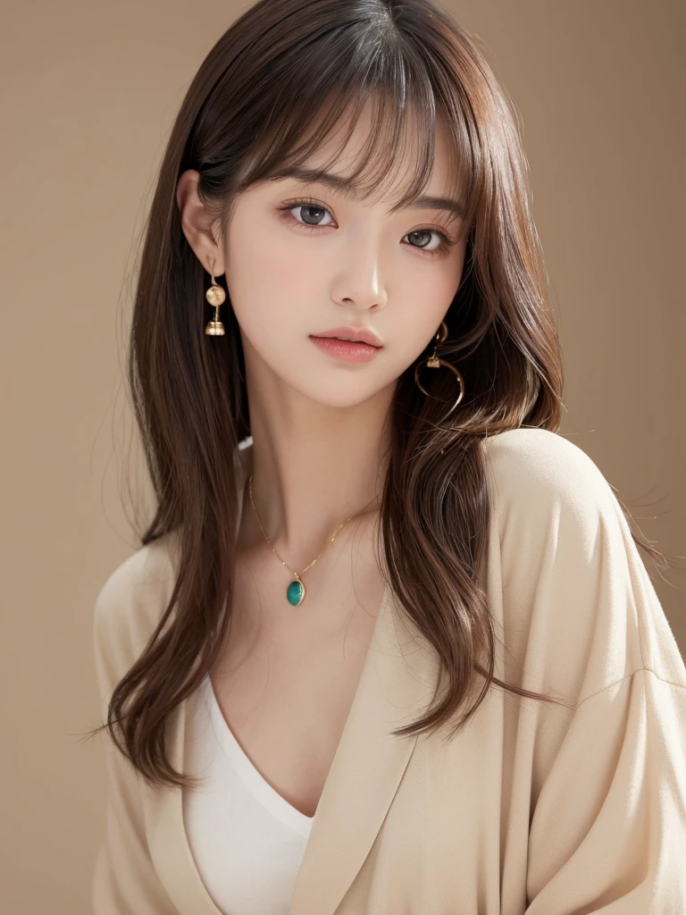 ((Highest quality, 8k, masterpiece:1.3)), concentrate: 1.2, Perfect body beauty: 1.4, Hips: 1.2, ((Long Hair, chest: 1.2)), (Dry clothes: 1.1) , (clear, Simple Background:1.3), Simple clothes: 1.1, Highly detailed face and skin texture,Delicate eyes, double eyelid, Whitened skin, Rough skin、Long Hair、bangs、Simple earrings、necklace、 solo、Beige coat、White shirt, (((Cute and beautiful Japan)))、 ((Beautiful 20-year-old Japanese))、 ((Baby Face))、 (((Slender body)))、 Upper Body,Face focus、necklace,Simple Background,From above, Realistic Hair、 A photograph was taken:Canon EOS R6、135mm、1/1250 seconds、f2.8、ISO400、(Detailed explanation of the hand)、(Masseter muscle area)、(Exquisite CG)、Long Hair, loose and curly hair、Korean Hair、Long Hair明るいベージュ色、グラデーションハイライトグレージュのゆるふわLong Hairスタイル、