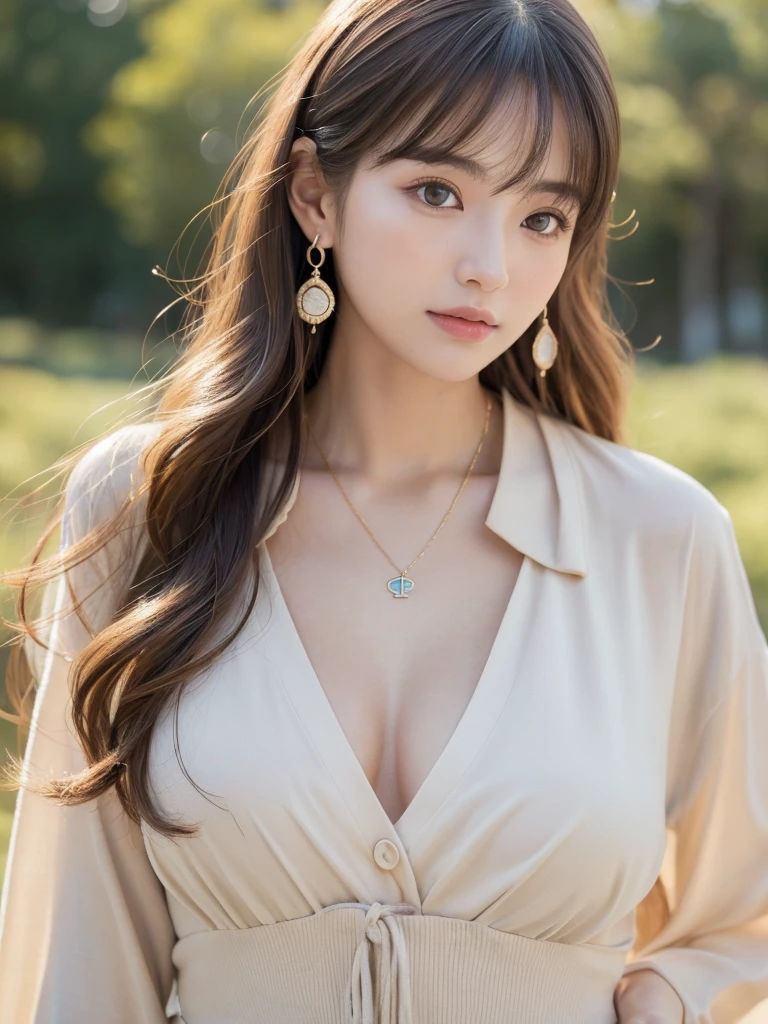 ((Highest quality, 8k, masterpiece:1.3)), concentrate: 1.2, Perfect body beauty: 1.4, Hips: 1.2, ((Long Hair, chest: 1.2)), (Dry clothes: 1.1) , (clear, Simple Background:1.3), Simple clothes: 1.1, Highly detailed face and skin texture,Delicate eyes, double eyelid, Whitened skin, Rough skin、Long Hair、bangs、Simple earrings、necklace、 solo、Beige coat、White shirt, (((Cute and beautiful Japan)))、 ((Beautiful 20-year-old Japanese))、 ((Baby Face))、 (((Slender body)))、 Upper Body,Face focus、necklace,Simple Background,From above, Realistic Hair、 A photograph was taken:Canon EOS R6、135mm、1/1250 seconds、f2.8、ISO400、(Detailed explanation of the hand)、(Masseter muscle area)、(Exquisite CG)、Long Hair, loose and curly hair、Korean Hair、Long Hair明るいベージュ色、グラデーションハイライトグレージュのゆるふわLong Hairスタイル、