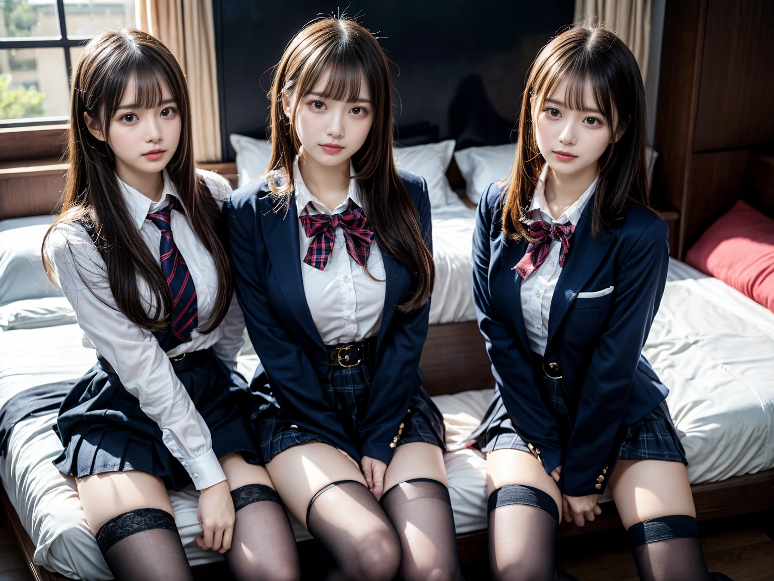 (8K, Raw photography, top-quality, masterpiece:1.2), master piece, best quality, illustration, Super detailed, fine details, High resolution, 8K,wall paper, perfect dynamic composition,(Details High quality, realistic depiction of eyes:1.3), ((2 girls, 2 schoolgirls)), The background is a luxury hotel room、High school girl uniform、blazer 、Super Short Check Uniform Skirt、Navy blue high socks、garterbelts、Colossal tits、Disturbed uniform, Play with each other,Touching each other's bodies,Touching the body of the girl next door, short bob hair, black hair color, huge breasts, Big Natural Color Lip, bold sexy pose, (perfect body shape), crying a little、cold gaze, Beautiful makeup,glitter makeup,Cutest 1, beautiful legs, hposing Gravure Idol, Voluptuous thighs